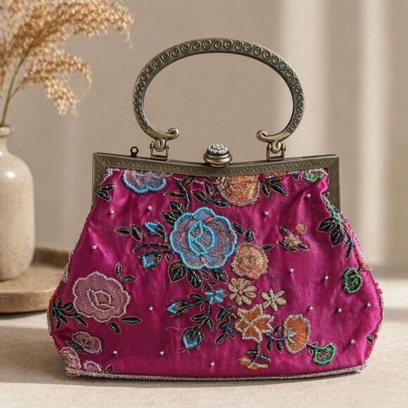Other Handbags - Vintage Beaded Satin Kiss Lock Bag Y2K Evening Purse Statement Wedding Guest